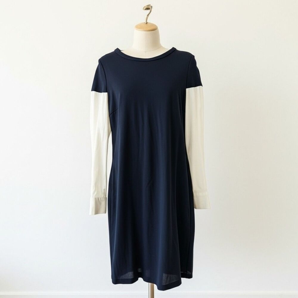 New DREW Lindy Dress M $208 Office Career Business Casual Midi Dress Navy Shirt